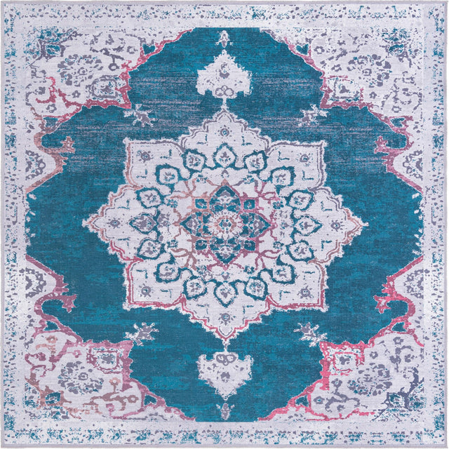 Washable Teal Green 10' 6 x 10' 6 Renaissance Square Area Rug Easy to Clean Stain Resistant & Durable Colorful Distressed Vintage Carpet for Sale at Rug Engine