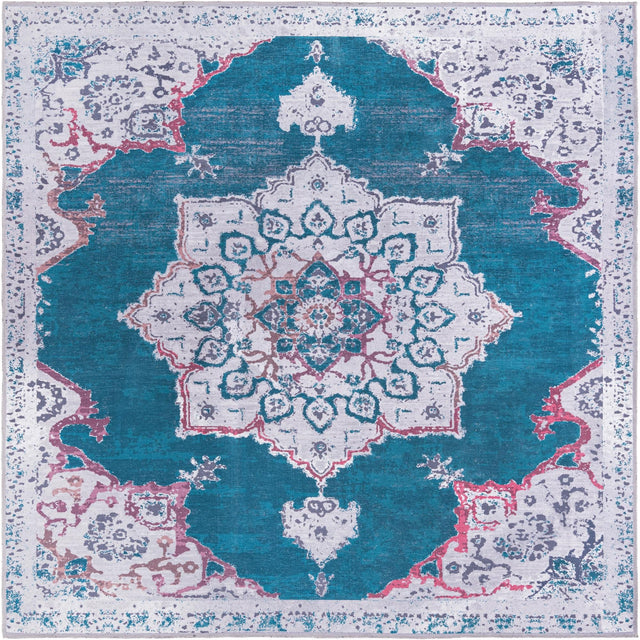 Washable Teal Green 7' 10 x 7' 10 Renaissance Square Area Rug Easy to Clean Stain Resistant & Durable Colorful Distressed Vintage Carpet for Sale at Rug Engine