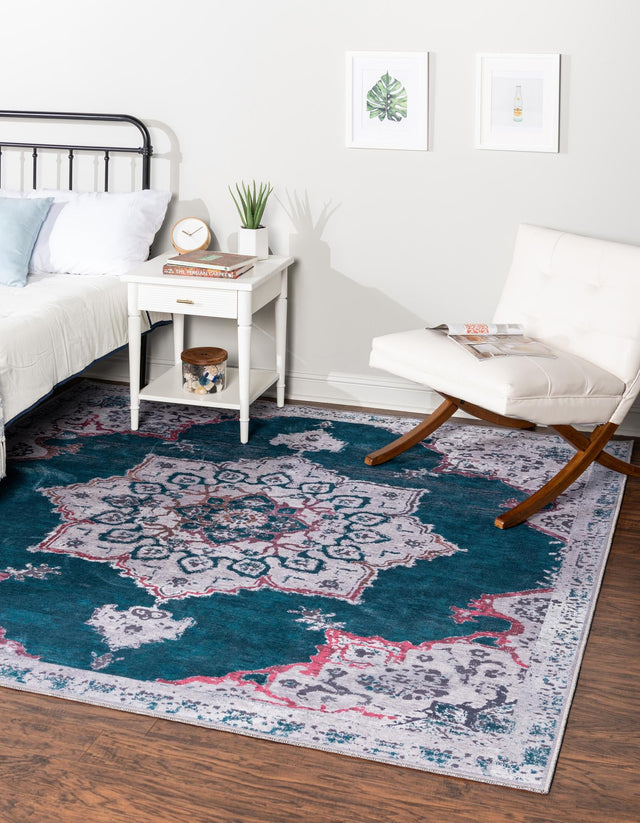 Washable Teal Green 7' 10 x 7' 10 Renaissance Square Area Rug Easy to Clean Stain Resistant & Durable Colorful Distressed Vintage Carpet for Sale at Rug Engine