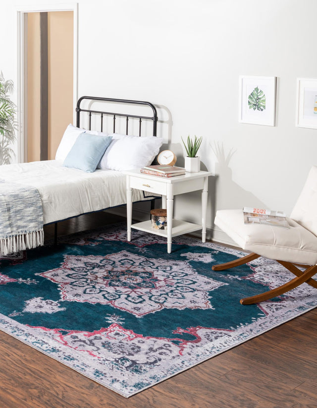 Washable Teal Green 7' 10 x 7' 10 Renaissance Square Area Rug Easy to Clean Stain Resistant & Durable Colorful Distressed Vintage Carpet for Sale at Rug Engine