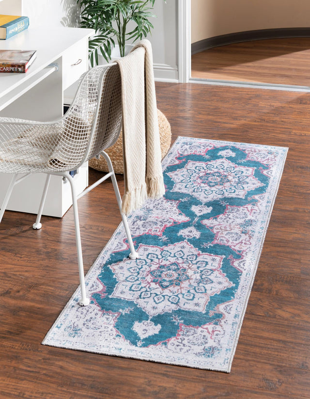 Washable Teal Green 2' 7 x 12' Renaissance Runner Area Rug Easy to Clean Stain Resistant & Durable Colorful Distressed Vintage Carpet for Sale at Rug Engine