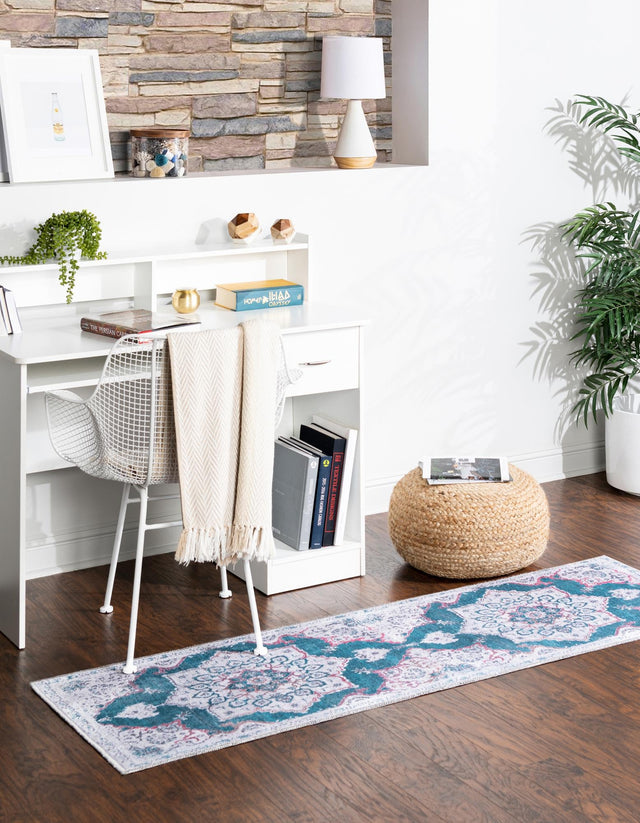 Washable Teal Green 2' 7 x 12' Renaissance Runner Area Rug Easy to Clean Stain Resistant & Durable Colorful Distressed Vintage Carpet for Sale at Rug Engine
