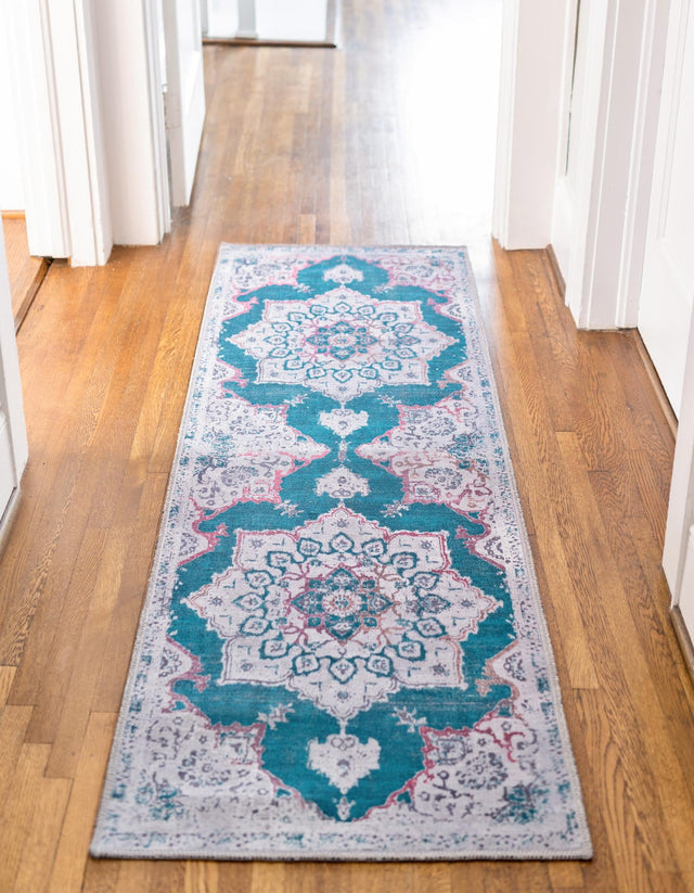 Washable Teal Green 2' x 13' Renaissance Runner Area Rug Easy to Clean Stain Resistant & Durable Colorful Distressed Vintage Carpet for Sale at Rug Engine