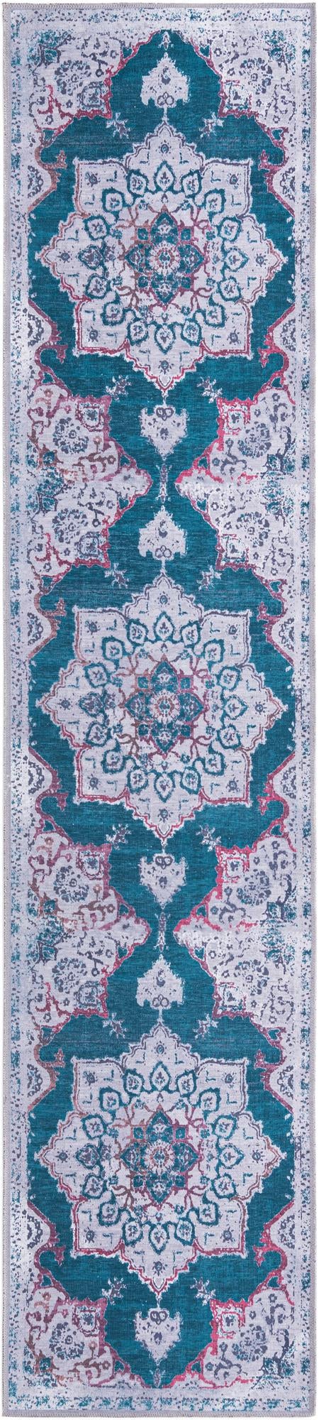 Washable Teal Green 2' 7 x 12' Renaissance Runner Area Rug Easy to Clean Stain Resistant & Durable Colorful Distressed Vintage Carpet for Sale at Rug Engine