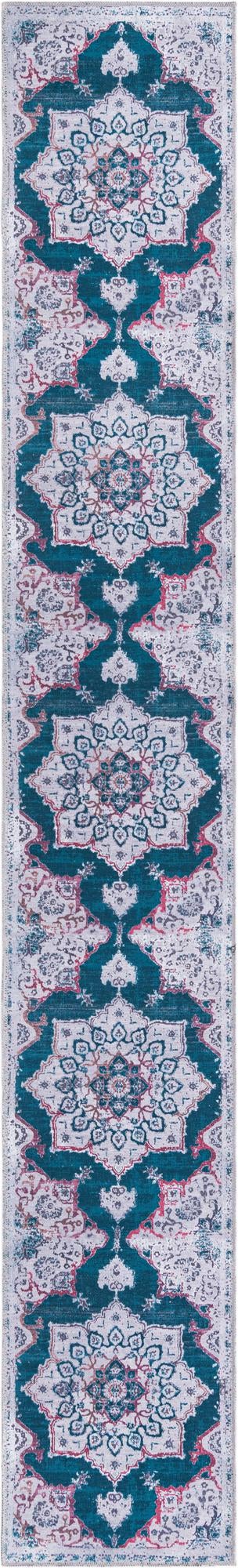 Washable Teal Green 2' x 13' Renaissance Runner Area Rug Easy to Clean Stain Resistant & Durable Colorful Distressed Vintage Carpet for Sale at Rug Engine