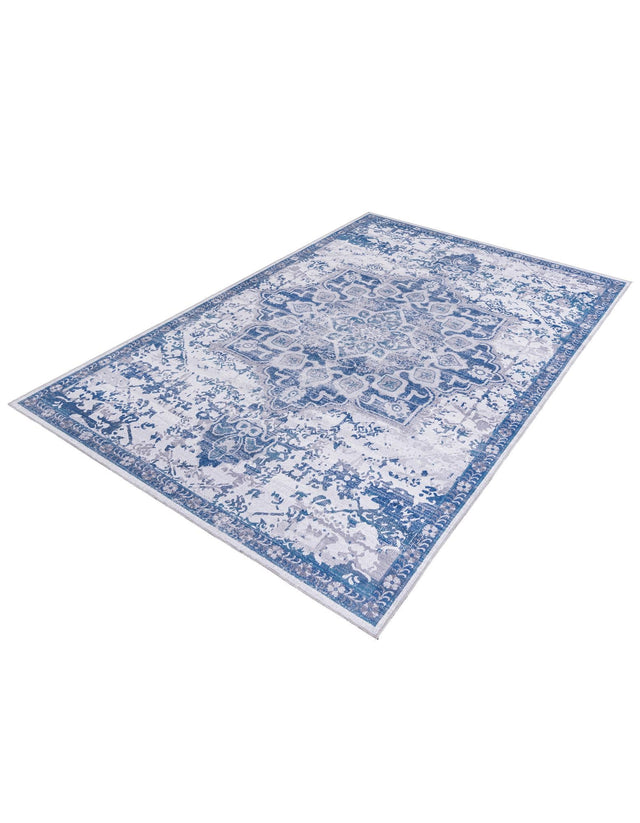 Washable Gray Blue 7' 10 x 11' Renaissance Rectangle Area Rug Easy to Clean Stain Resistant & Durable Colorful Distressed Vintage Carpet for Sale at Rug Engine