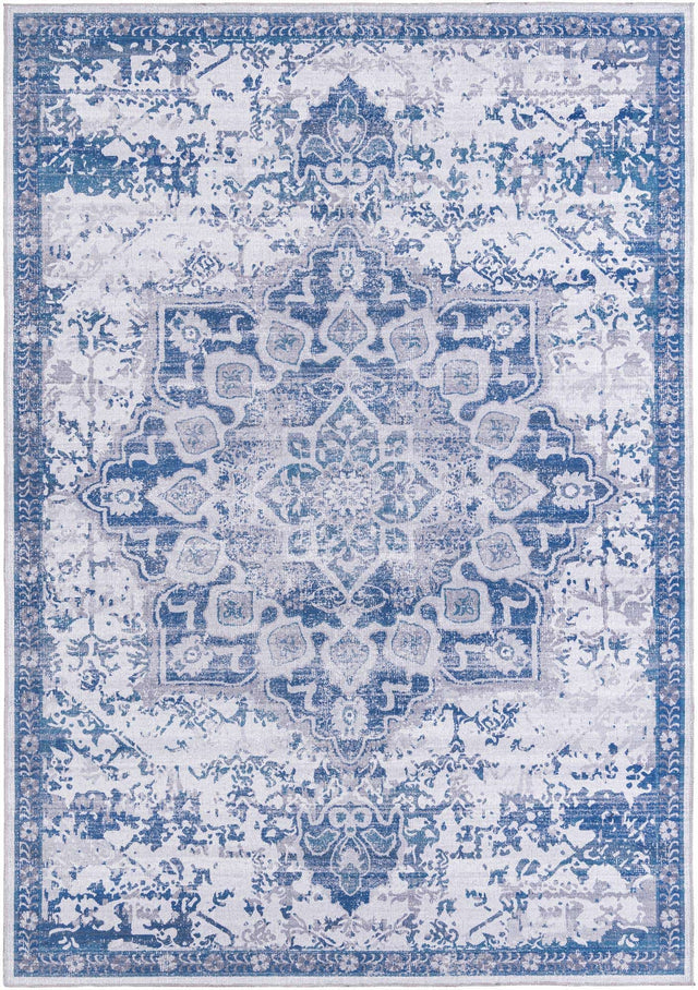 Washable Gray Blue 7' 10 x 11' Renaissance Rectangle Area Rug Easy to Clean Stain Resistant & Durable Colorful Distressed Vintage Carpet for Sale at Rug Engine