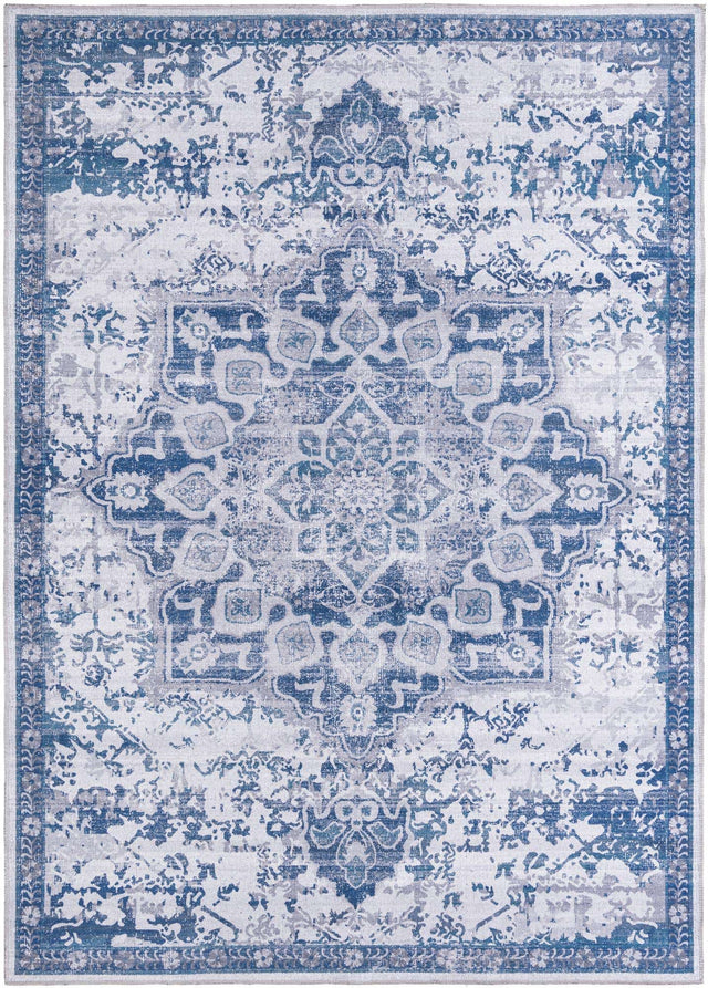 Washable Gray Blue 7' 3 x 10' Renaissance Rectangle Area Rug Easy to Clean Stain Resistant & Durable Colorful Distressed Vintage Carpet for Sale at Rug Engine