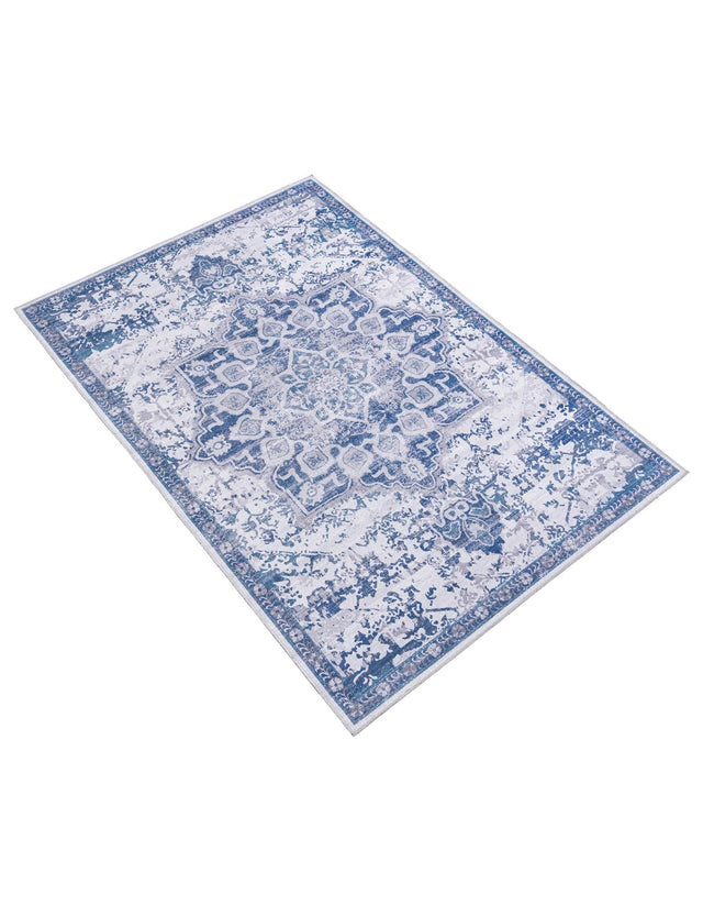 Washable Gray Blue 5' 11 x 9' Renaissance Rectangle Area Rug Easy to Clean Stain Resistant & Durable Colorful Distressed Vintage Carpet for Sale at Rug Engine