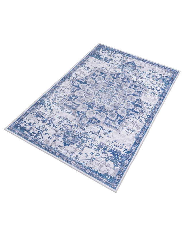 Washable Gray Blue 5' 11 x 9' Renaissance Rectangle Area Rug Easy to Clean Stain Resistant & Durable Colorful Distressed Vintage Carpet for Sale at Rug Engine