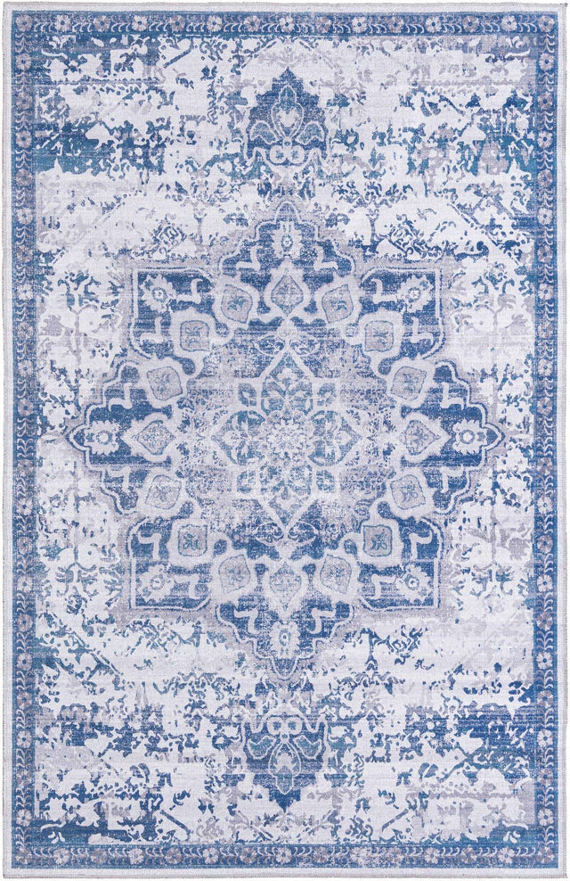 Washable Gray Blue 5' 11 x 9' Renaissance Rectangle Area Rug Easy to Clean Stain Resistant & Durable Colorful Distressed Vintage Carpet for Sale at Rug Engine