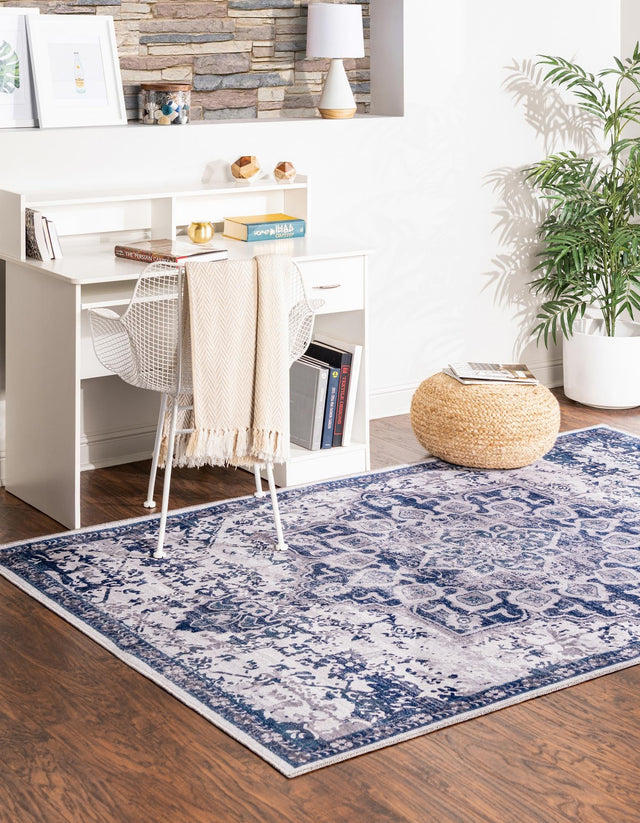 Washable Gray Blue 5' 3 x 8' Renaissance Rectangle Area Rug Easy to Clean Stain Resistant & Durable Colorful Distressed Vintage Carpet for Sale at Rug Engine