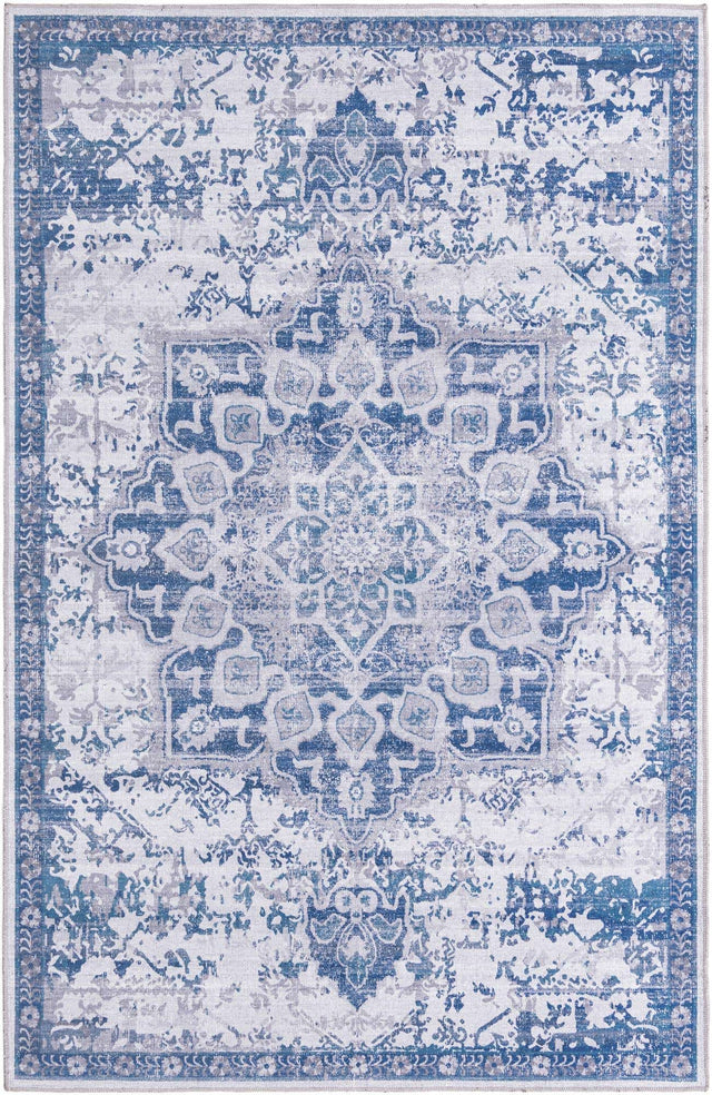 Washable Gray Blue 5' 3 x 8' Renaissance Rectangle Area Rug Easy to Clean Stain Resistant & Durable Colorful Distressed Vintage Carpet for Sale at Rug Engine