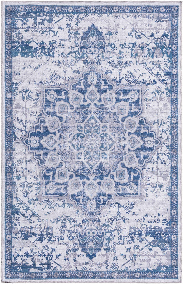 Washable Gray Blue 3' 11 x 6' 1 Renaissance Rectangle Area Rug Easy to Clean Stain Resistant & Durable Colorful Distressed Vintage Carpet for Sale at Rug Engine