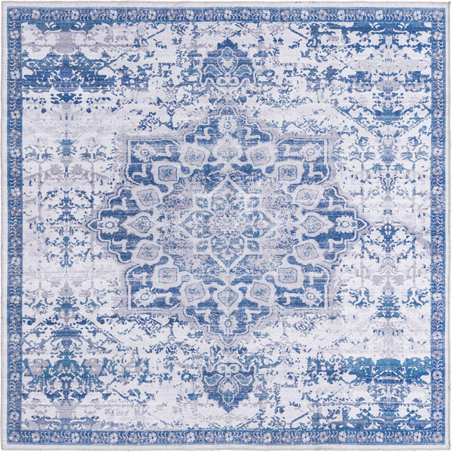 Washable Gray Blue 7' 3 x 7' 3 Renaissance Square Area Rug Easy to Clean Stain Resistant & Durable Colorful Distressed Vintage Carpet for Sale at Rug Engine