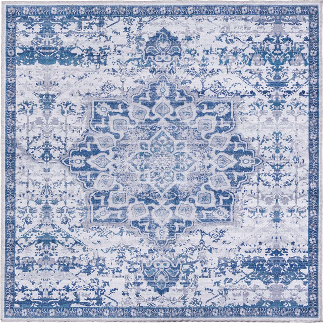 Washable Gray Blue 5' 3 x 5' 3 Renaissance Square Area Rug Easy to Clean Stain Resistant & Durable Colorful Distressed Vintage Carpet for Sale at Rug Engine