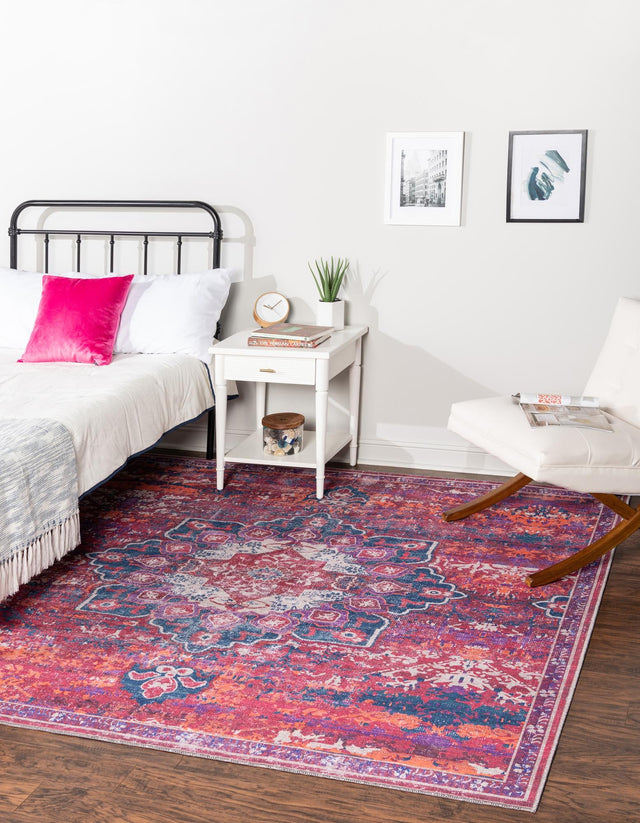 Washable Multicolor Fuchsia 10' 6 x 10' 6 Renaissance Square Area Rug Easy to Clean Stain Resistant & Durable Colorful Distressed Vintage Carpet for Sale at Rug Engine