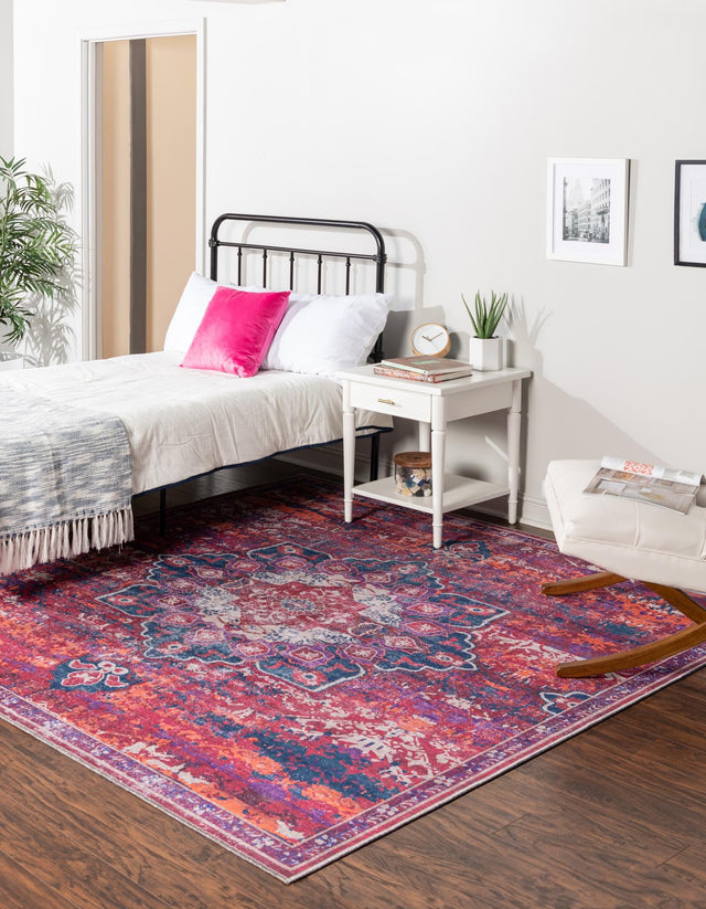 Washable Multicolor Fuchsia 10' 6 x 10' 6 Renaissance Square Area Rug Easy to Clean Stain Resistant & Durable Colorful Distressed Vintage Carpet for Sale at Rug Engine