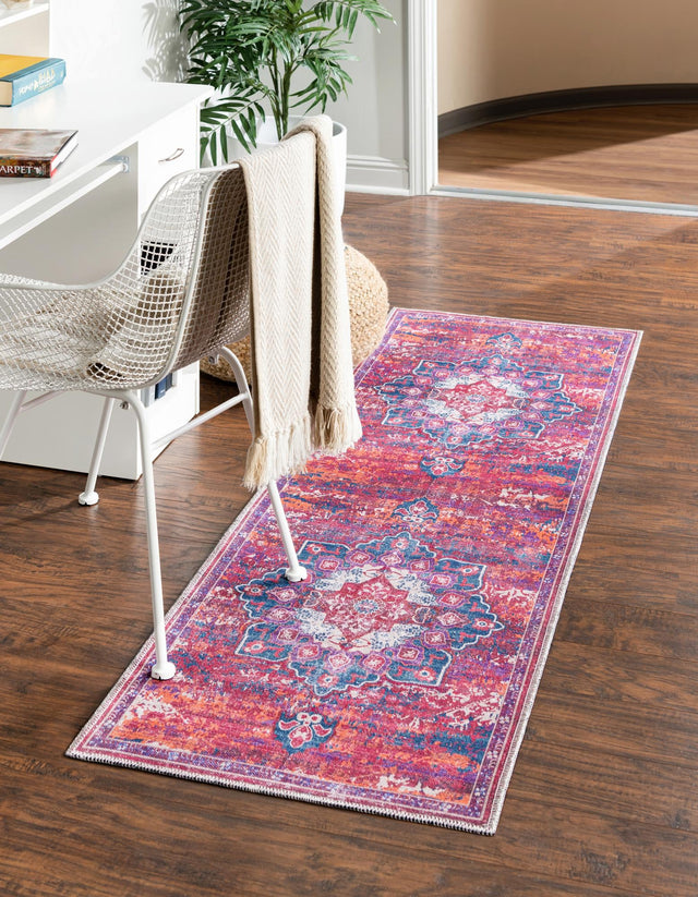 Washable Multicolor Fuchsia 2' x 13' Renaissance Runner Area Rug Easy to Clean Stain Resistant & Durable Colorful Distressed Vintage Carpet for Sale at Rug Engine