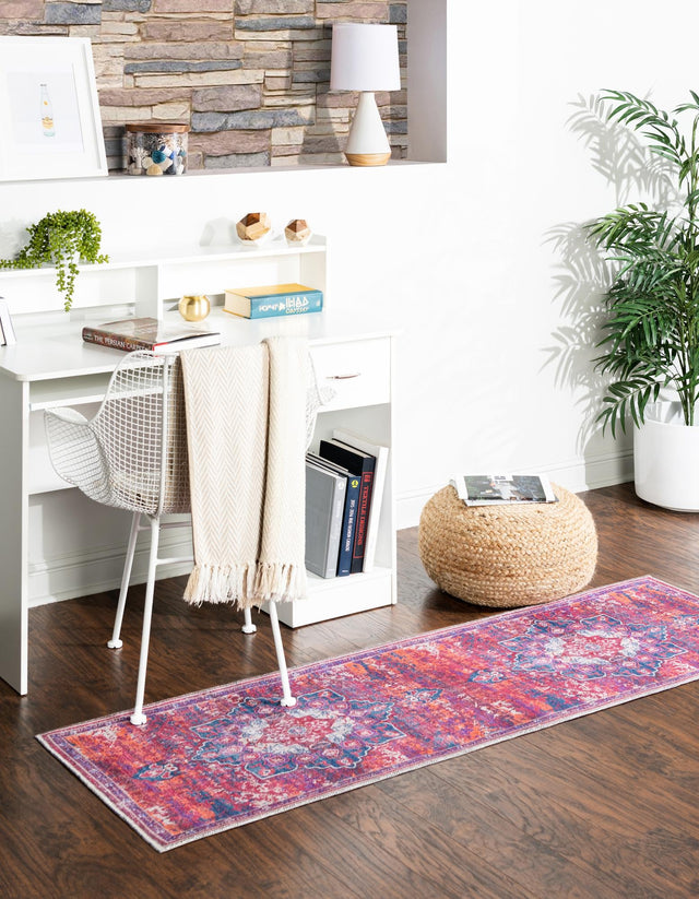 Washable Multicolor Fuchsia 2' x 13' Renaissance Runner Area Rug Easy to Clean Stain Resistant & Durable Colorful Distressed Vintage Carpet for Sale at Rug Engine