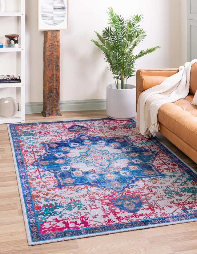 Washable Ivory Blue 7' 10 x 11' Renaissance Rectangle Area Rug Easy to Clean Stain Resistant & Durable Colorful Distressed Vintage Carpet for Sale at Rug Engine
