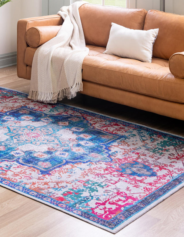 Washable Ivory Blue 10' 6 x 14' Renaissance Rectangle Area Rug Easy to Clean Stain Resistant & Durable Colorful Distressed Vintage Carpet for Sale at Rug Engine