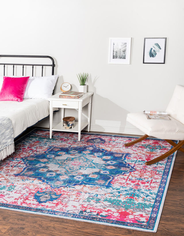 Washable Ivory Blue 10' 6 x 10' 6 Renaissance Square Area Rug Easy to Clean Stain Resistant & Durable Colorful Distressed Vintage Carpet for Sale at Rug Engine