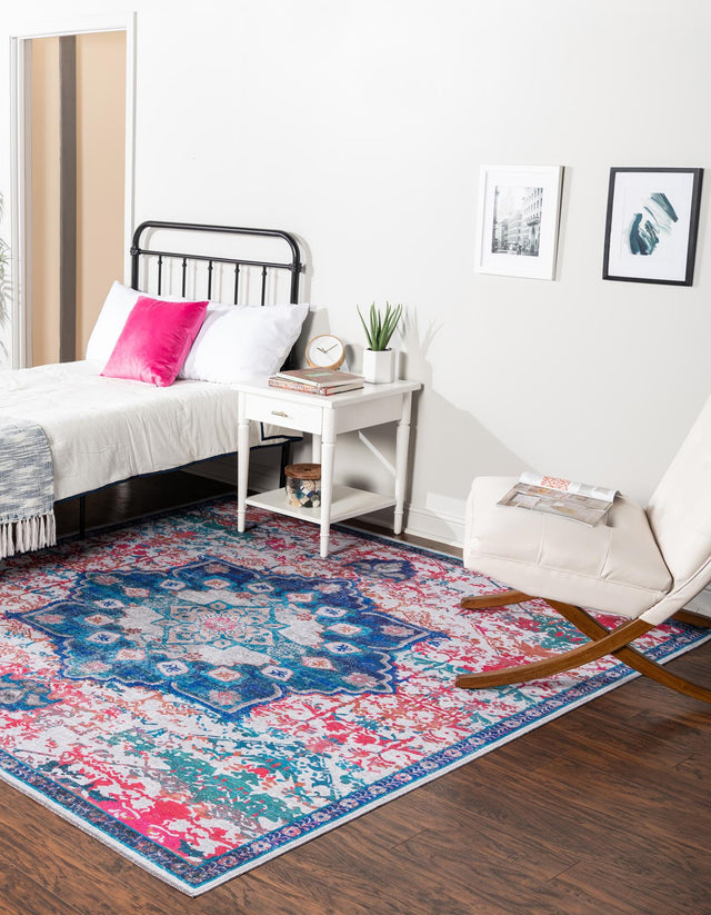 Washable Ivory Blue 10' 6 x 10' 6 Renaissance Square Area Rug Easy to Clean Stain Resistant & Durable Colorful Distressed Vintage Carpet for Sale at Rug Engine