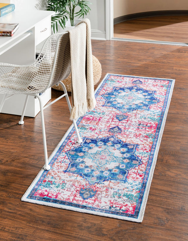 Washable Ivory Blue 2' x 13' Renaissance Runner Area Rug Easy to Clean Stain Resistant & Durable Colorful Distressed Vintage Carpet for Sale at Rug Engine