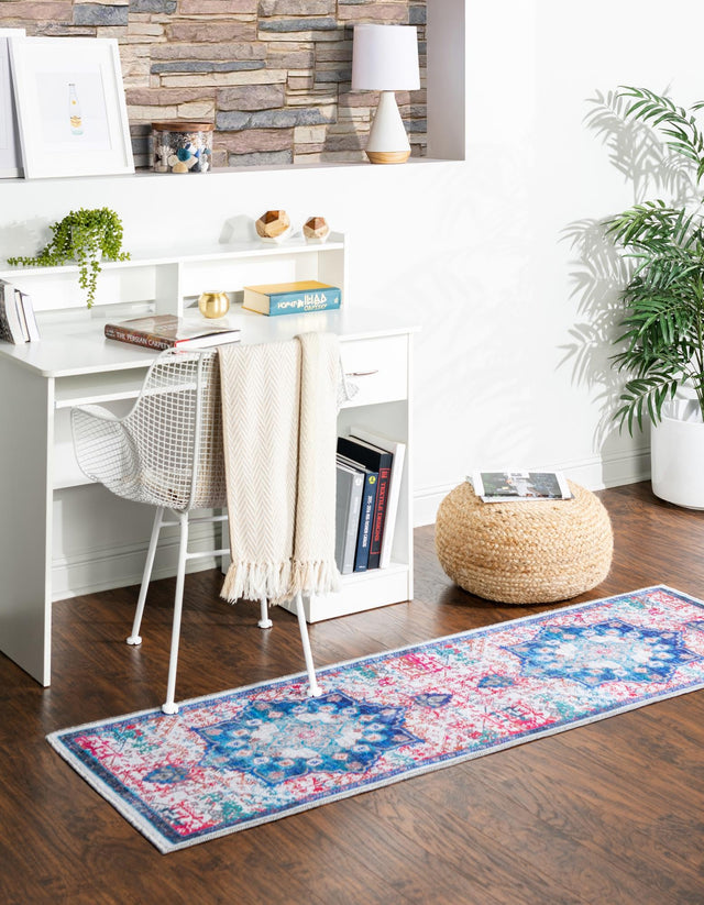 Washable Ivory Blue 2' x 13' Renaissance Runner Area Rug Easy to Clean Stain Resistant & Durable Colorful Distressed Vintage Carpet for Sale at Rug Engine