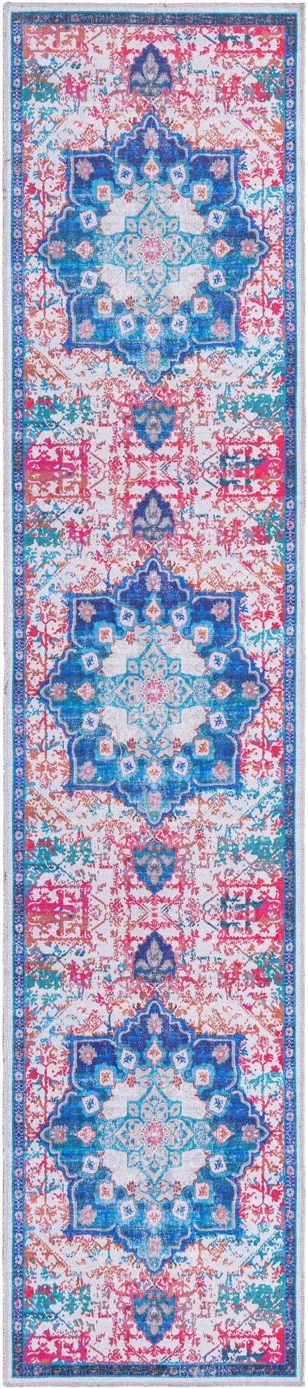 Washable Ivory Blue 2' 7 x 12' Renaissance Runner Area Rug Easy to Clean Stain Resistant & Durable Colorful Distressed Vintage Carpet for Sale at Rug Engine