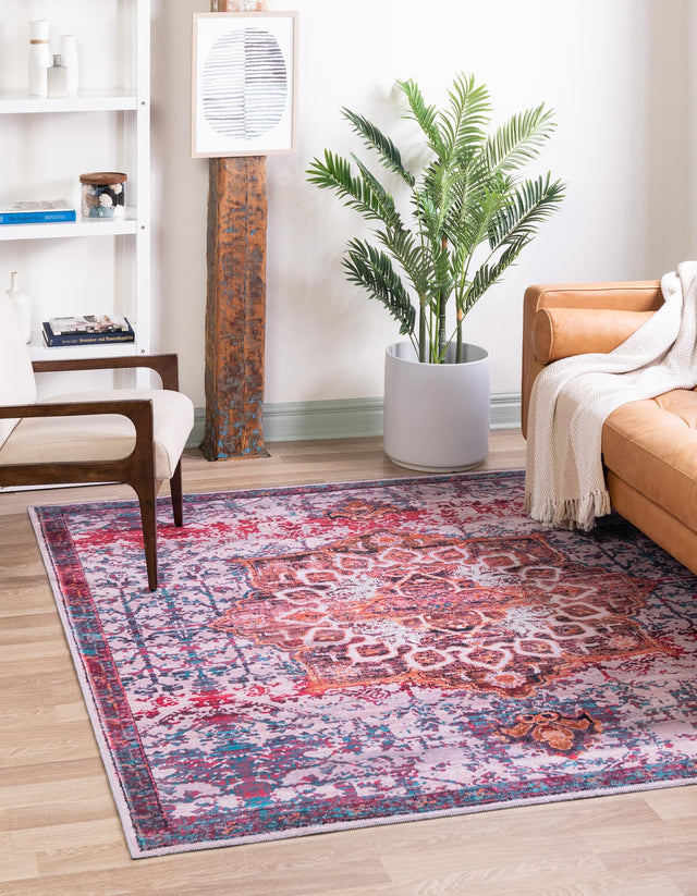Washable Ivory Orange 7' 10 x 7' 10 Renaissance Square Area Rug Easy to Clean Stain Resistant & Durable Colorful Distressed Vintage Carpet for Sale at Rug Engine
