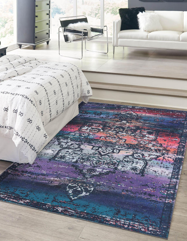 Washable Multicolor Blue 10' 6 x 13' Renaissance Rectangle Area Rug Easy to Clean Stain Resistant & Durable Colorful Distressed Vintage Carpet for Sale at Rug Engine