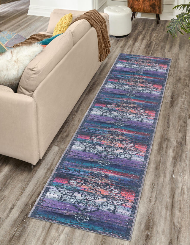Washable Multicolor Blue 2' x 8' Renaissance Runner Area Rug Easy to Clean Stain Resistant & Durable Colorful Distressed Vintage Carpet for Sale at Rug Engine