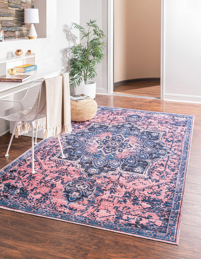 Washable Salmon Pink 7' 10 x 11' Renaissance Rectangle Area Rug Easy to Clean Stain Resistant & Durable Colorful Distressed Vintage Carpet for Sale at Rug Engine