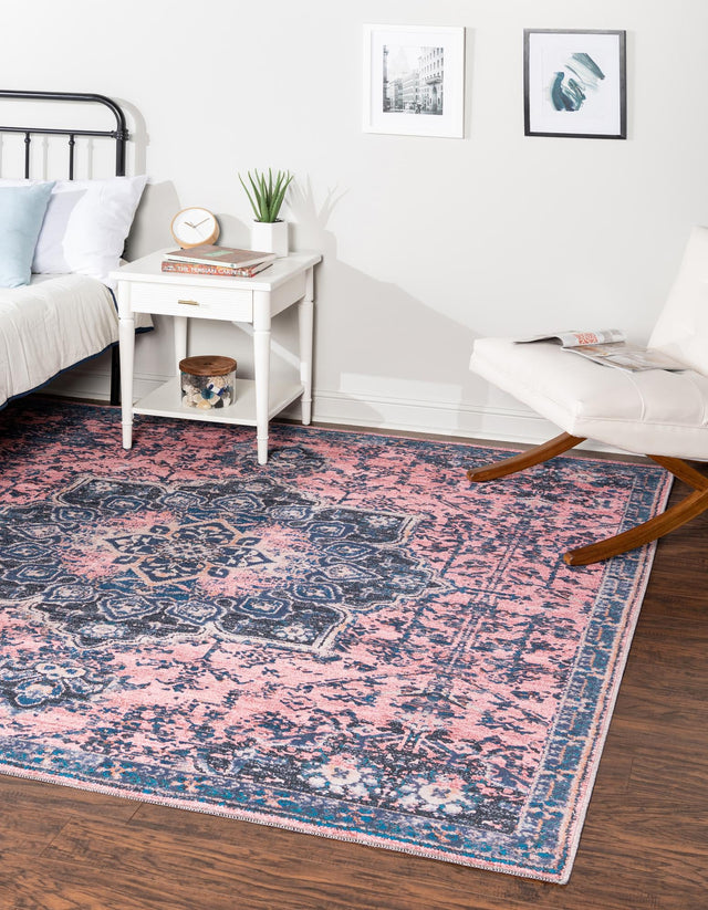 Washable Salmon Pink 7' 3 x 7' 3 Renaissance Square Area Rug Easy to Clean Stain Resistant & Durable Colorful Distressed Vintage Carpet for Sale at Rug Engine