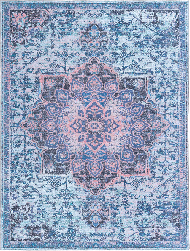 Washable Light Blue 9' 2 x 12' Renaissance Rectangle Area Rug Easy to Clean Stain Resistant & Durable Colorful Distressed Vintage Carpet for Sale at Rug Engine