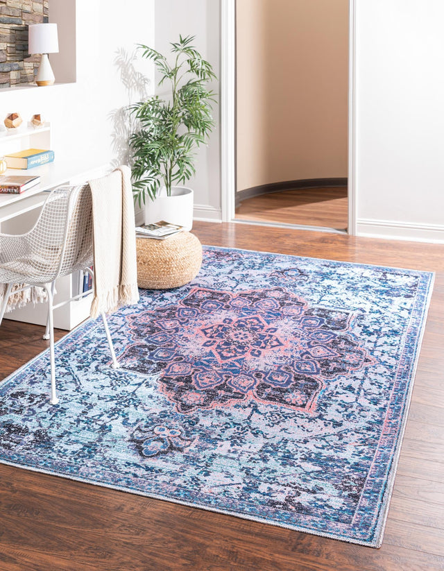 Washable Light Blue 10' 6 x 14' Renaissance Rectangle Area Rug Easy to Clean Stain Resistant & Durable Colorful Distressed Vintage Carpet for Sale at Rug Engine