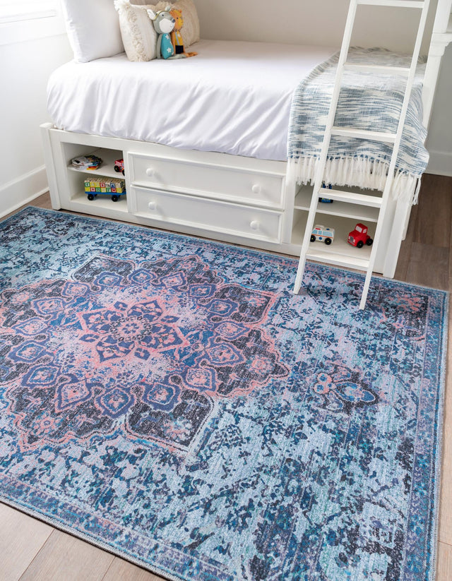 Washable Light Blue 7' 10 x 11' Renaissance Rectangle Area Rug Easy to Clean Stain Resistant & Durable Colorful Distressed Vintage Carpet for Sale at Rug Engine