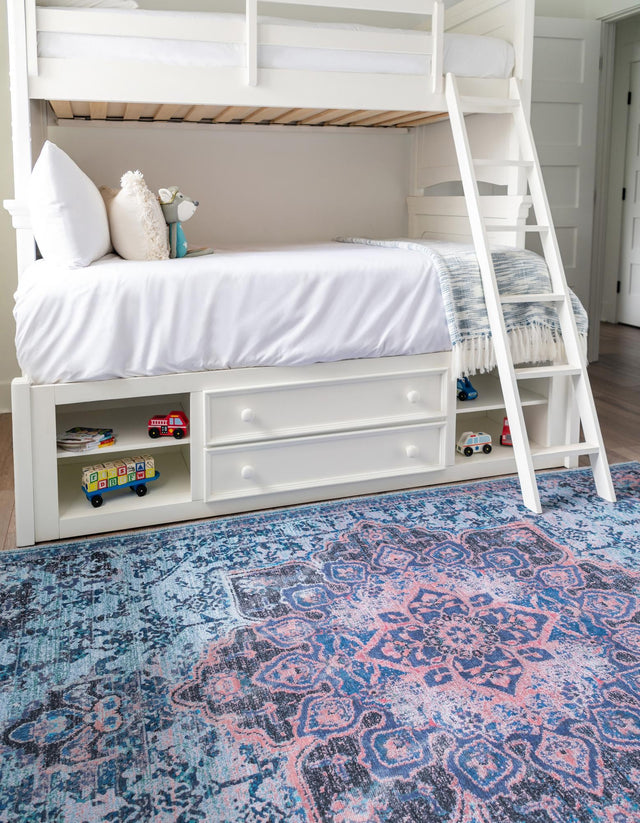 Washable Light Blue 10' 6 x 13' Renaissance Rectangle Area Rug Easy to Clean Stain Resistant & Durable Colorful Distressed Vintage Carpet for Sale at Rug Engine