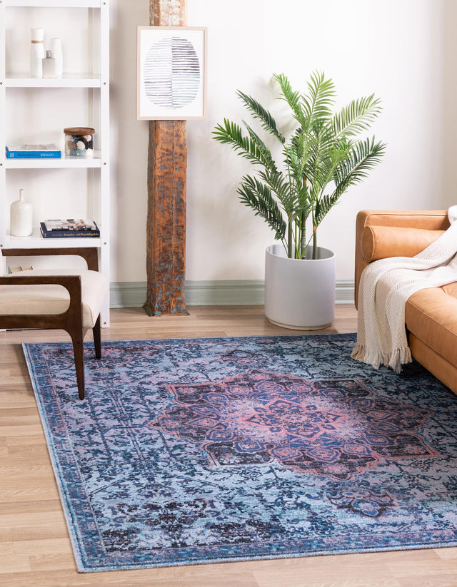 Washable Light Blue 7' 10 x 7' 10 Renaissance Square Area Rug Easy to Clean Stain Resistant & Durable Colorful Distressed Vintage Carpet for Sale at Rug Engine