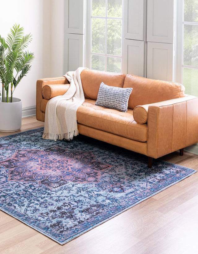 Washable Light Blue 7' 10 x 7' 10 Renaissance Square Area Rug Easy to Clean Stain Resistant & Durable Colorful Distressed Vintage Carpet for Sale at Rug Engine