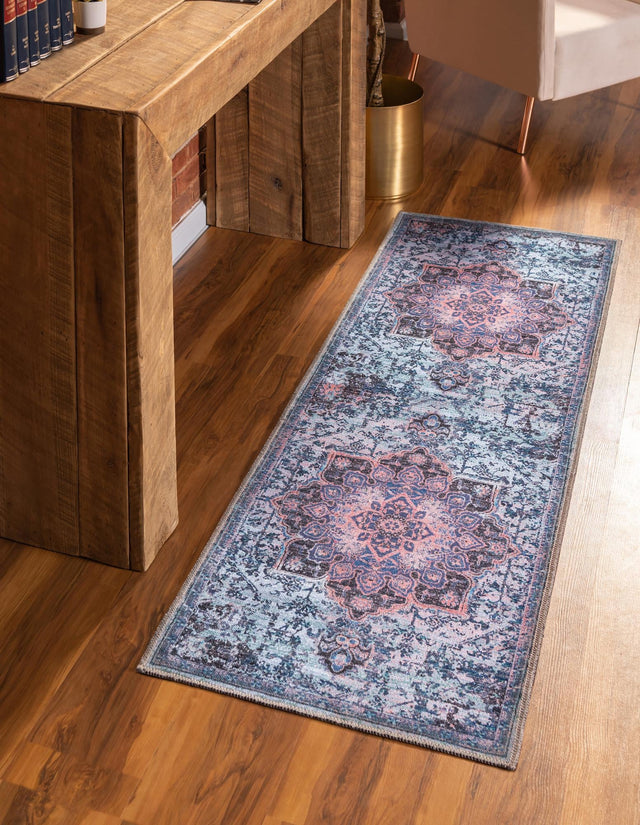 Washable Light Blue 2' x 13' Renaissance Runner Area Rug Easy to Clean Stain Resistant & Durable Colorful Distressed Vintage Carpet for Sale at Rug Engine