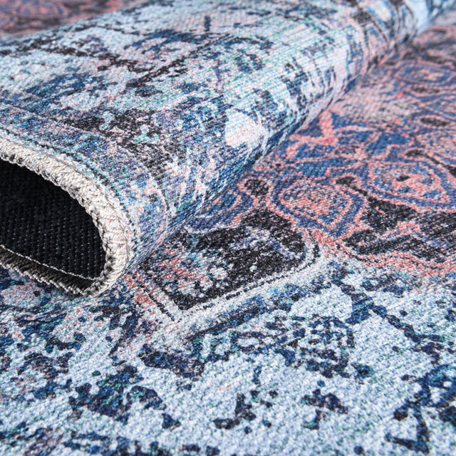 Washable Light Blue 2' 7 x 12' Renaissance Runner Area Rug Easy to Clean Stain Resistant & Durable Colorful Distressed Vintage Carpet for Sale at Rug Engine