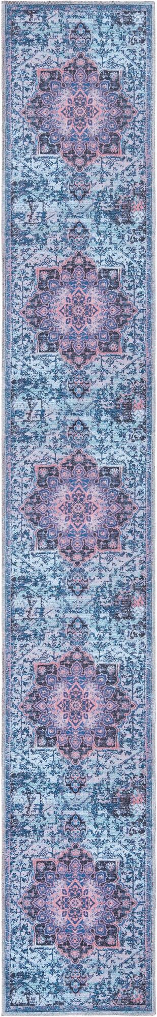 Washable Light Blue 2' x 13' Renaissance Runner Area Rug Easy to Clean Stain Resistant & Durable Colorful Distressed Vintage Carpet for Sale at Rug Engine