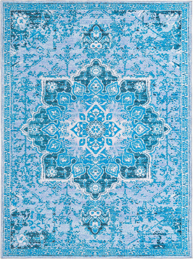 Washable Aqua Blue 10' 6 x 14' Renaissance Rectangle Area Rug Easy to Clean Stain Resistant & Durable Colorful Distressed Vintage Carpet for Sale at Rug Engine