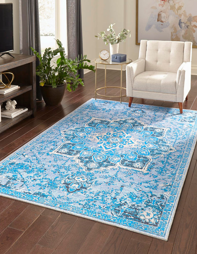 Washable Aqua Blue 10' 6 x 13' Renaissance Rectangle Area Rug Easy to Clean Stain Resistant & Durable Colorful Distressed Vintage Carpet for Sale at Rug Engine