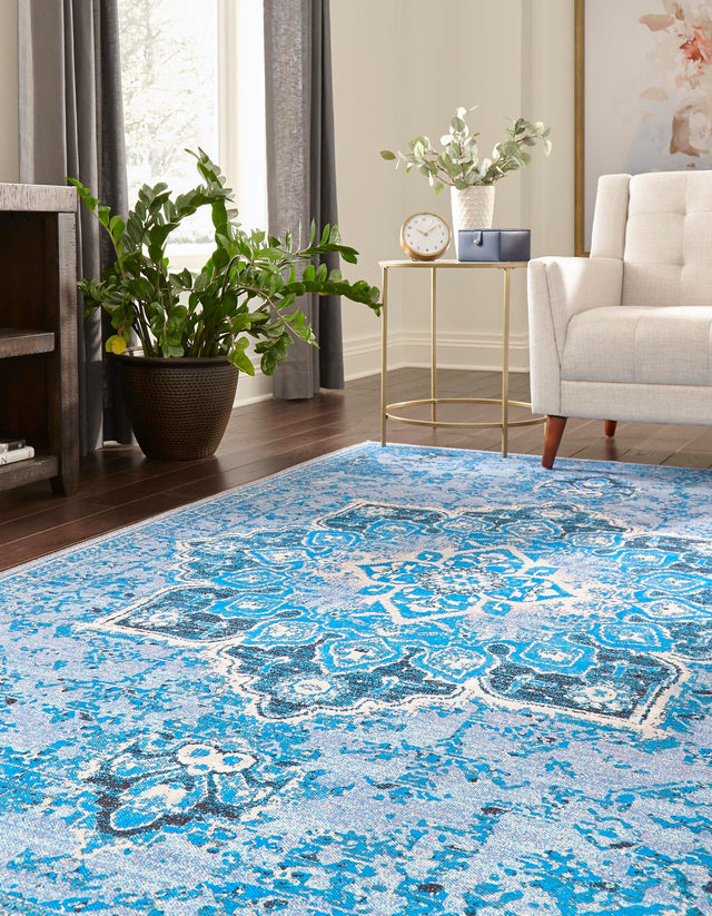 Washable Aqua Blue 10' 6 x 13' Renaissance Rectangle Area Rug Easy to Clean Stain Resistant & Durable Colorful Distressed Vintage Carpet for Sale at Rug Engine