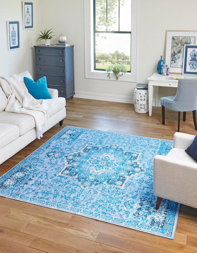 Washable Aqua Blue 10' 6 x 10' 6 Renaissance Square Area Rug Easy to Clean Stain Resistant & Durable Colorful Distressed Vintage Carpet for Sale at Rug Engine