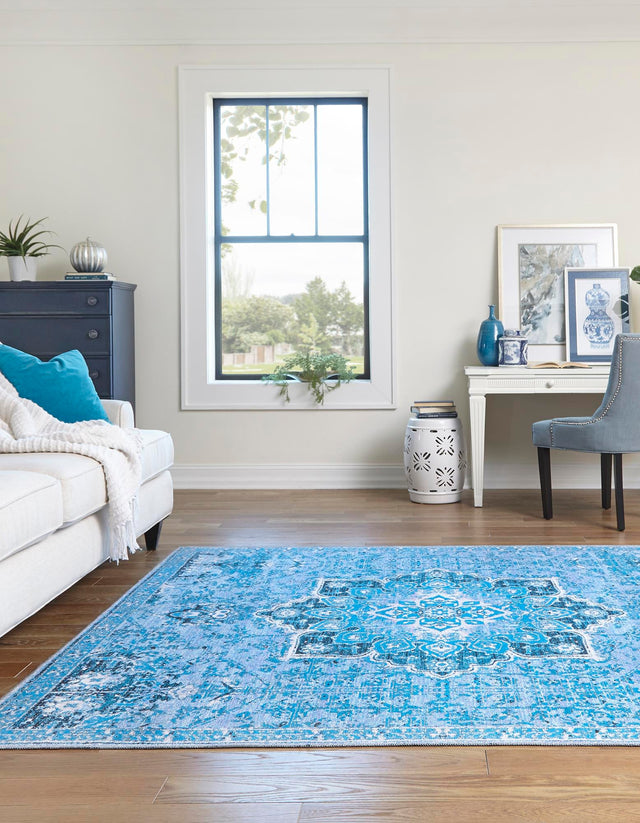 Washable Aqua Blue 10' 6 x 10' 6 Renaissance Square Area Rug Easy to Clean Stain Resistant & Durable Colorful Distressed Vintage Carpet for Sale at Rug Engine